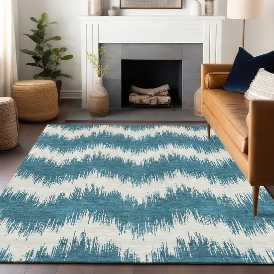 Teal Blue And Ivory Chevron Washable Indoor Outdoor Area Rug Photo 9