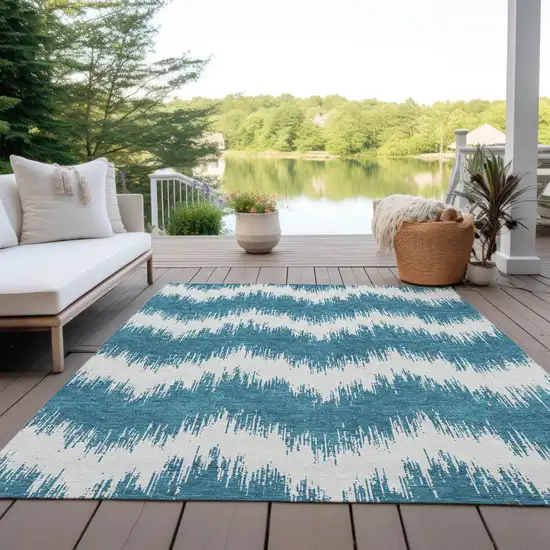 Teal Blue And Ivory Chevron Washable Indoor Outdoor Area Rug Photo 8