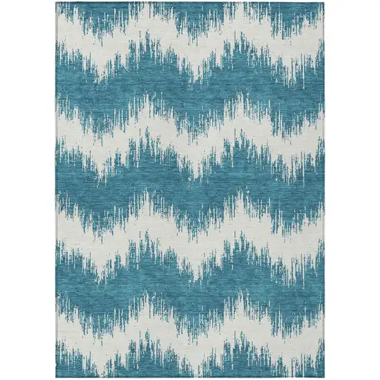 Teal Blue And Ivory Chevron Washable Indoor Outdoor Area Rug Photo 2