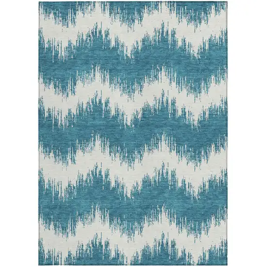 Teal Blue And Ivory Chevron Washable Indoor Outdoor Area Rug Photo 7