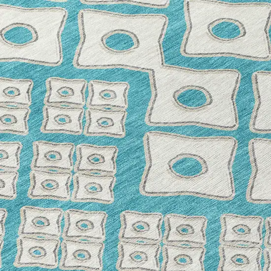 Teal Blue And Ivory Geometric Washable Indoor Outdoor Area Rug Photo 7