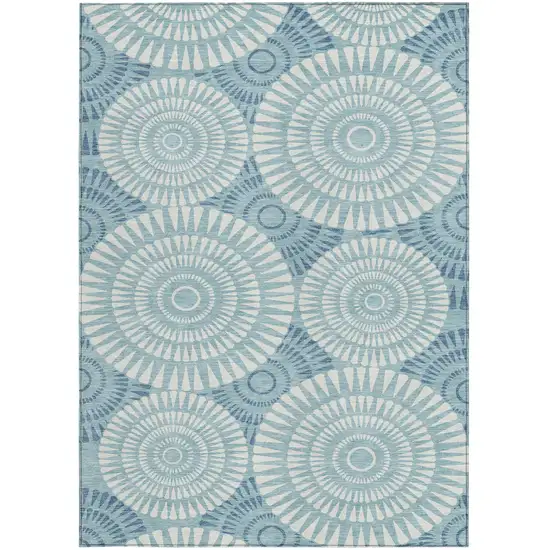 Teal Blue And Ivory Geometric Washable Indoor Outdoor Area Rug Photo 7