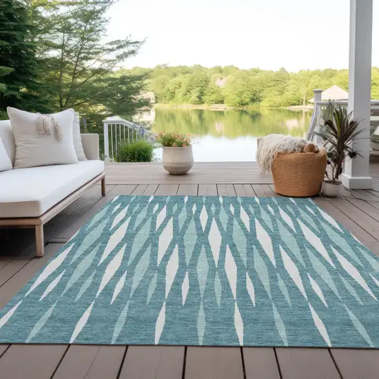 Teal Blue And Ivory Geometric Washable Indoor Outdoor Area Rug Photo 7