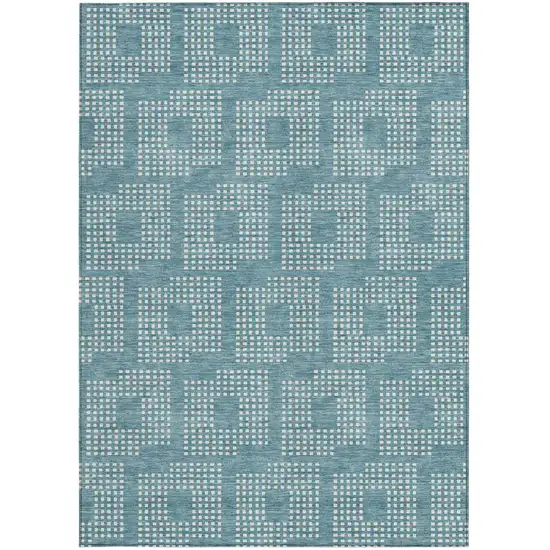 Teal Blue And Ivory Geometric Washable Indoor Outdoor Area Rug Photo 6
