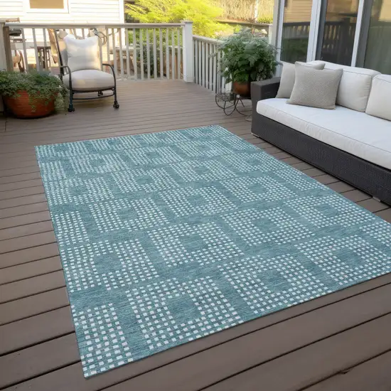 Teal Blue And Ivory Geometric Washable Indoor Outdoor Area Rug Photo 8