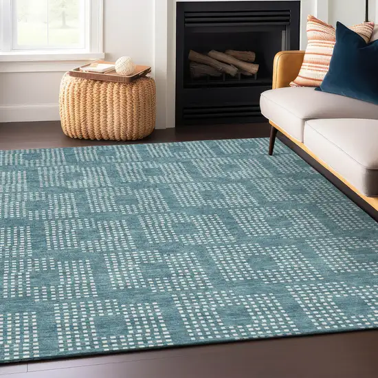 Teal Blue And Ivory Geometric Washable Indoor Outdoor Area Rug Photo 7