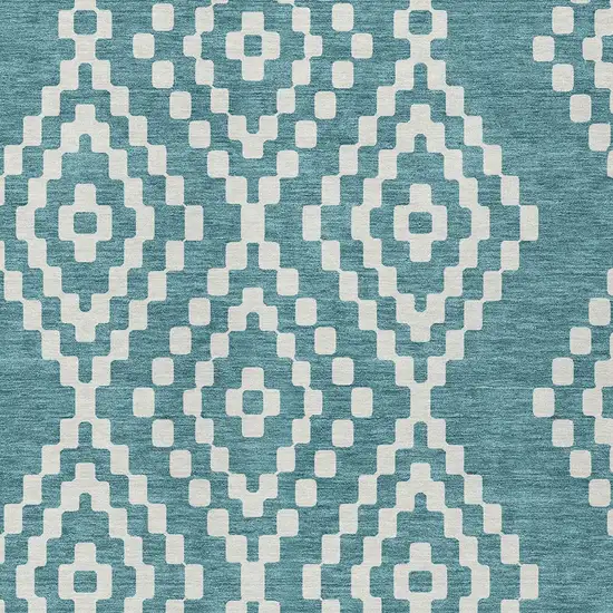 Teal Blue And Ivory Geometric Washable Indoor Outdoor Area Rug Photo 6