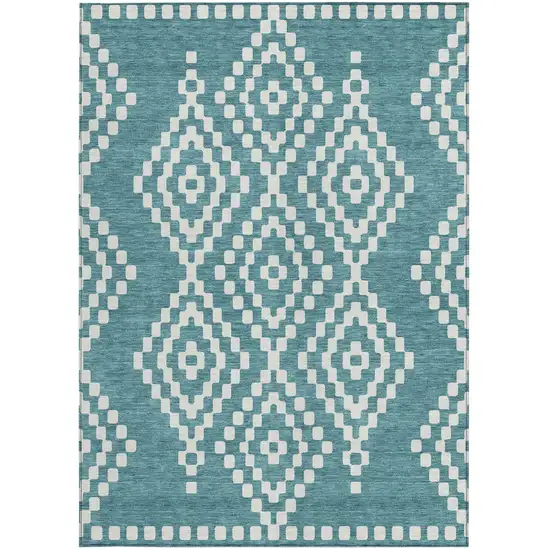 Teal Blue And Ivory Geometric Washable Indoor Outdoor Area Rug Photo 7