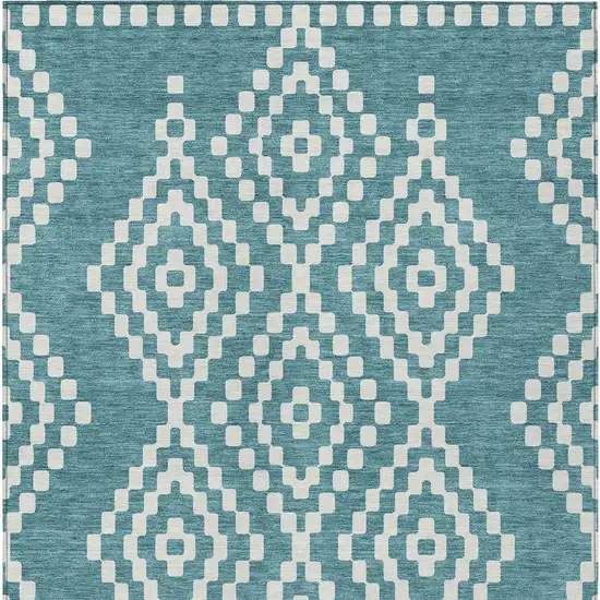 Teal Blue And Ivory Geometric Washable Indoor Outdoor Area Rug Photo 6