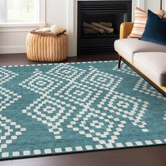 Teal Blue And Ivory Geometric Washable Indoor Outdoor Area Rug Photo 9