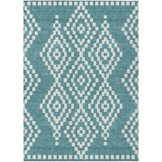 Teal Blue And Ivory Geometric Washable Indoor Outdoor Area Rug Photo 2