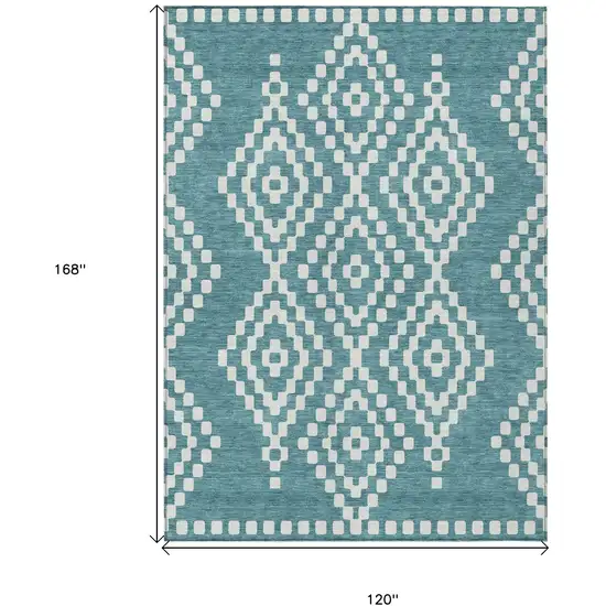 Teal Blue And Ivory Geometric Washable Indoor Outdoor Area Rug Photo 3
