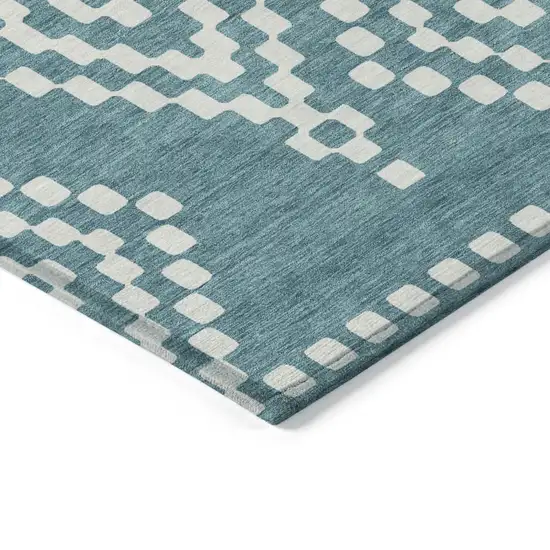 Teal Blue And Ivory Geometric Washable Indoor Outdoor Area Rug Photo 5
