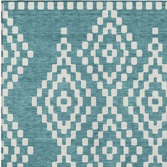Teal Blue And Ivory Geometric Washable Indoor Outdoor Area Rug Photo 6