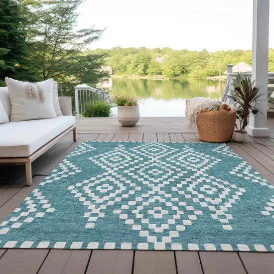 Teal Blue And Ivory Geometric Washable Indoor Outdoor Area Rug Photo 8