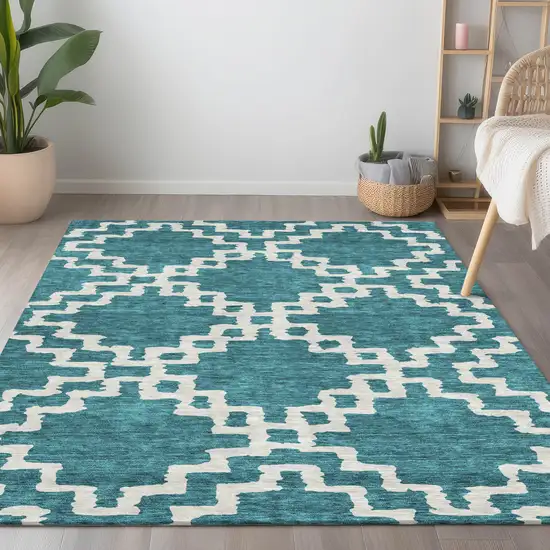 Teal Blue And Ivory Geometric Washable Indoor Outdoor Area Rug Photo 9