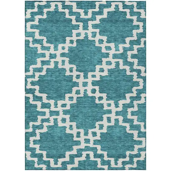 Teal Blue And Ivory Geometric Washable Indoor Outdoor Area Rug Photo 2