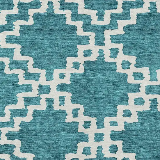 Teal Blue And Ivory Geometric Washable Indoor Outdoor Area Rug Photo 6