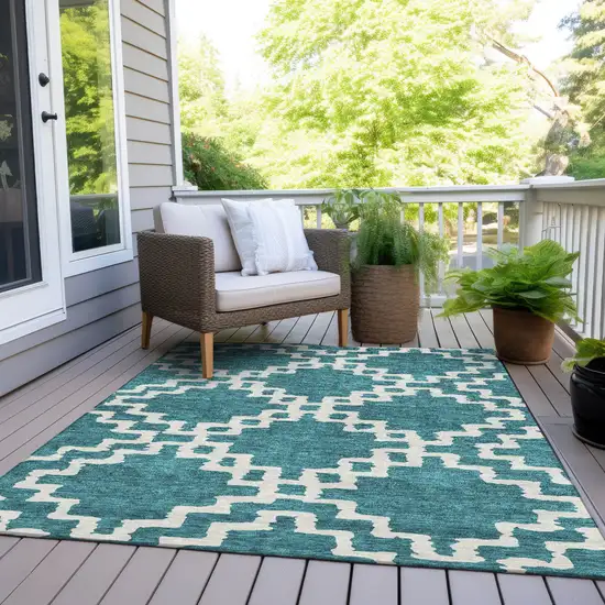 Teal Blue And Ivory Geometric Washable Indoor Outdoor Area Rug Photo 8