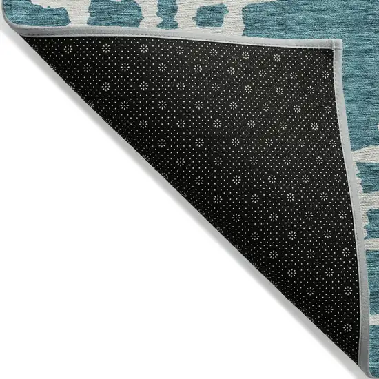 Teal Blue And Ivory Geometric Washable Indoor Outdoor Area Rug Photo 5