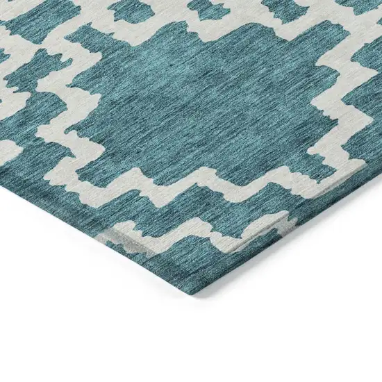 Teal Blue And Ivory Geometric Washable Indoor Outdoor Area Rug Photo 4