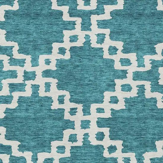 Teal Blue And Ivory Geometric Washable Indoor Outdoor Area Rug Photo 6