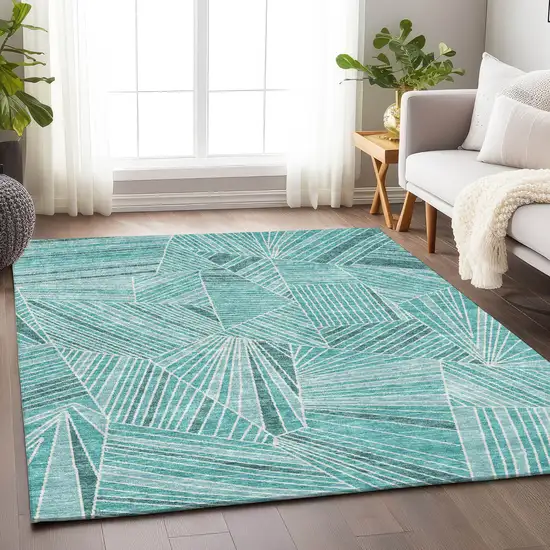 Teal Blue And Ivory Geometric Washable Indoor Outdoor Area Rug Photo 9