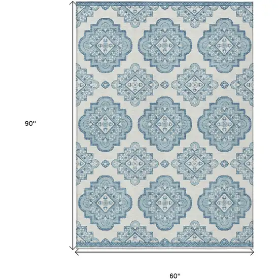 Teal Blue And Ivory Medallion Washable Indoor Outdoor Area Rug Photo 3