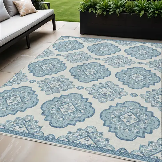 Teal Blue And Ivory Medallion Washable Indoor Outdoor Area Rug Photo 1