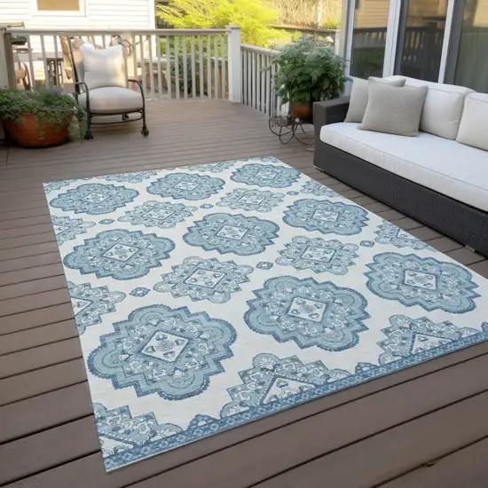 Teal Blue And Ivory Medallion Washable Indoor Outdoor Area Rug Photo 7