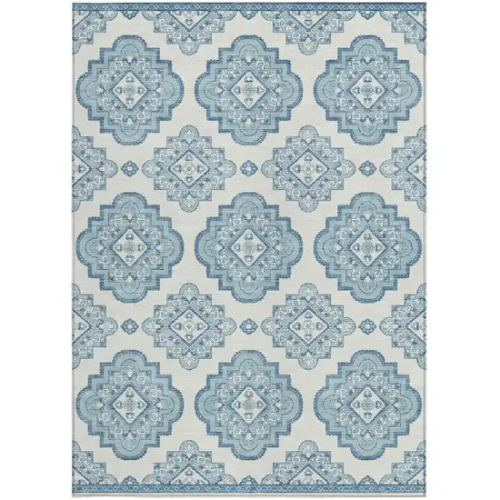 Teal Blue And Ivory Medallion Washable Indoor Outdoor Area Rug Photo 6
