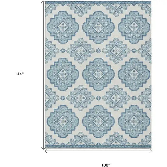 Teal Blue And Ivory Medallion Washable Indoor Outdoor Area Rug Photo 3
