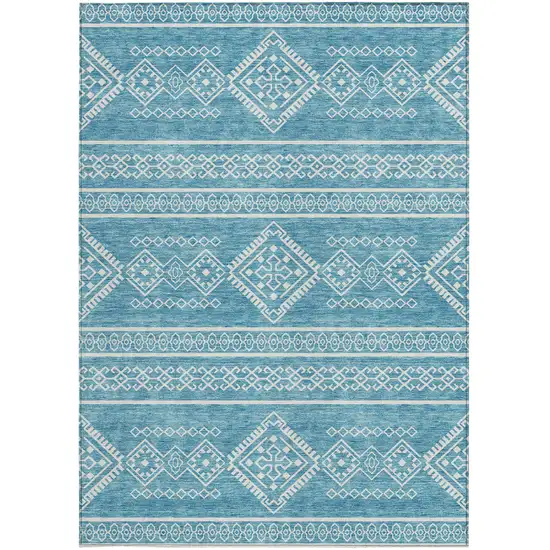 Teal Blue And Ivory Southwestern Washable Indoor Outdoor Area Rug Photo 7