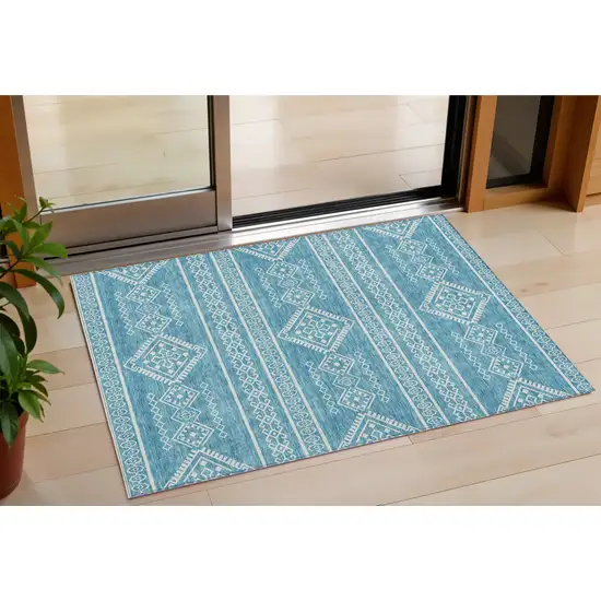 Teal Blue And Ivory Southwestern Washable Indoor Outdoor Area Rug Photo 1