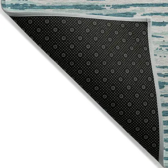 Teal Blue And Ivory Striped Washable Indoor Outdoor Area Rug Photo 4