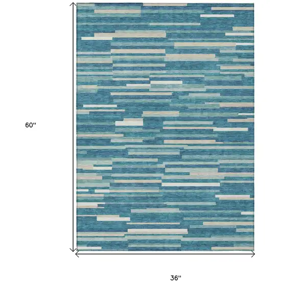 Teal Blue And Ivory Striped Washable Indoor Outdoor Area Rug Photo 3