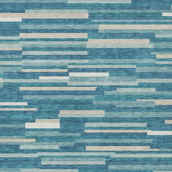 Teal Blue And Ivory Striped Washable Indoor Outdoor Area Rug Photo 6