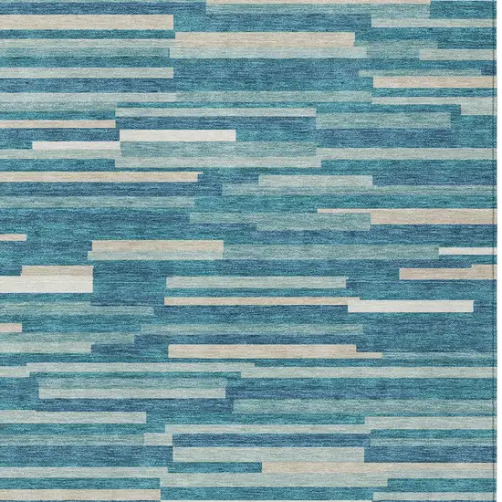 Teal Blue And Ivory Striped Washable Indoor Outdoor Area Rug Photo 6