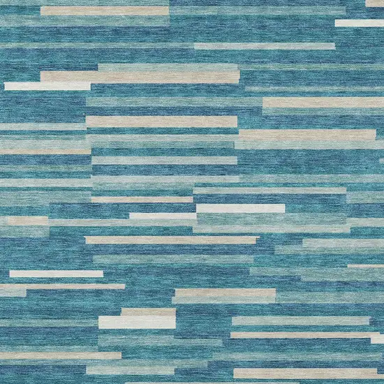 Teal Blue And Ivory Striped Washable Indoor Outdoor Area Rug Photo 6