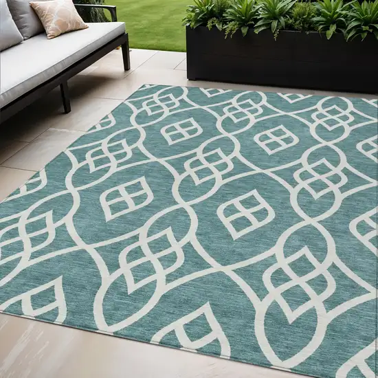 Teal Blue And Ivory Trellis Washable Indoor Outdoor Area Rug Photo 1