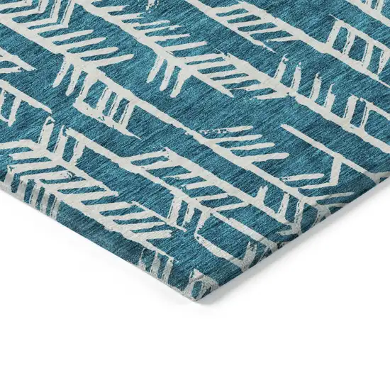 Teal Blue And Ivory Tribal Washable Indoor Outdoor Area Rug Photo 5