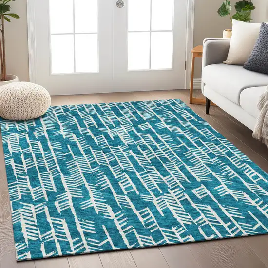 Teal Blue And Ivory Tribal Washable Indoor Outdoor Area Rug Photo 9