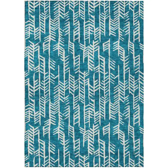 Teal Blue And Ivory Tribal Washable Indoor Outdoor Area Rug Photo 2