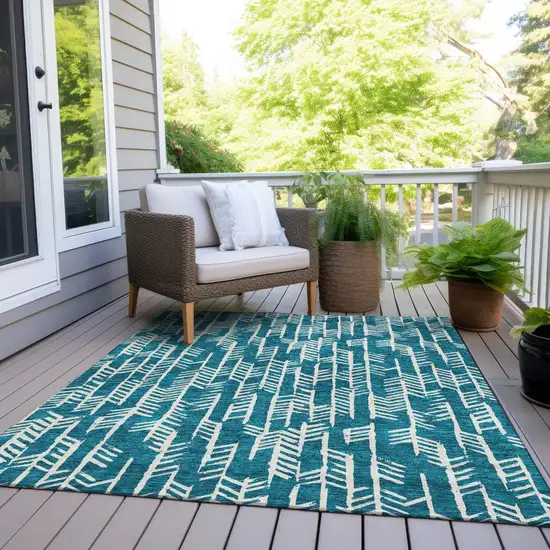 Teal Blue And Ivory Tribal Washable Indoor Outdoor Area Rug Photo 8