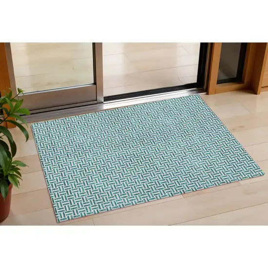 Teal Blue And Silver Geometric Washable Indoor Outdoor Area Rug Photo 1