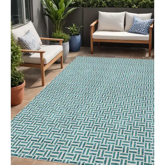Teal Blue And Silver Geometric Washable Indoor Outdoor Area Rug Photo 1