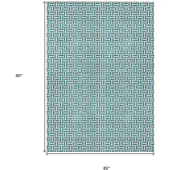 Teal Blue And Silver Geometric Washable Indoor Outdoor Area Rug Photo 3