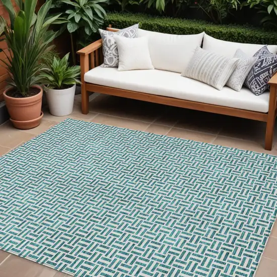 Teal Blue And Silver Geometric Washable Indoor Outdoor Area Rug Photo 1