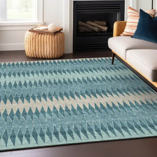Teal Blue Aqua And Ivory Striped Washable Indoor Outdoor Area Rug Photo 8