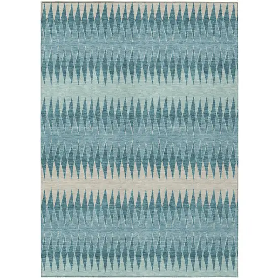 Teal Blue Aqua And Ivory Striped Washable Indoor Outdoor Area Rug Photo 2